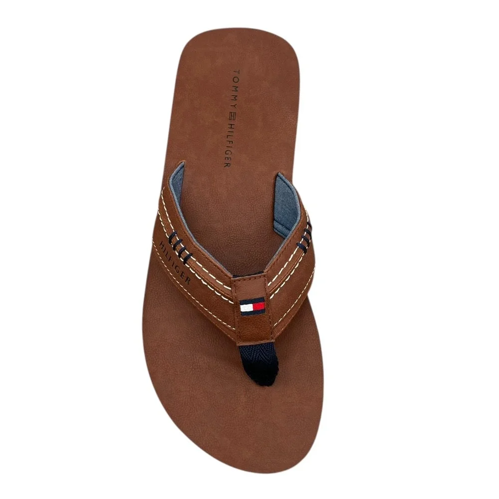 Tommy‎ Hilfiger Mens Destino Thong Sandal Size 13 Brown Faux Leather Flexible